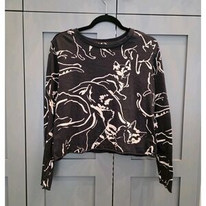 Maeve Anthropologie Black Cat Print Long Sleeve Cropped Top Size Small
